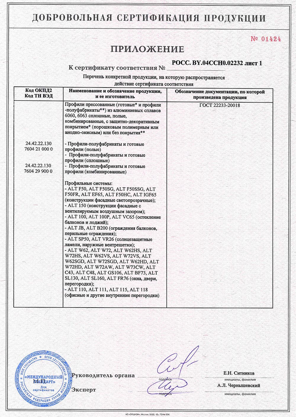 Alutech, приложение к сертификату соответствия, лист 1, 29.09.2025